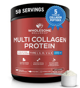 Wholesome Wellness multi-collagen powder bottle for daily smoothie or coffee boost.