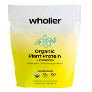 Wholier Organic Plant Protein vanilla powder bottle shows clean ingredients for shakes
