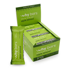 Why Bars Apple Almond bar packaging showcases a convenient, protein-rich snack.