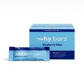 Why Bars Blueberry Bliss bar packaging highlights gluten-free, vegan nutrition for on-the-go snackers.