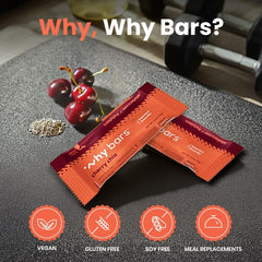 Why Bars Cherry Chia bar wrap display suggesting convenient on-the-go snack