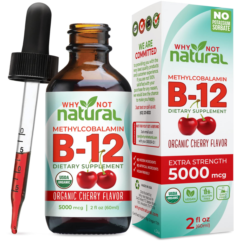 Why Not Natural B12 Liquid bottle pour for easy sublingual use.