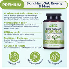 Why Not Natural Moringa capsules beside vibrant green powder signals freshness.