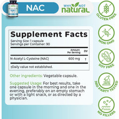 Why Not Natural NAC 600 mg bottle side label showing 600 mg per capsule.