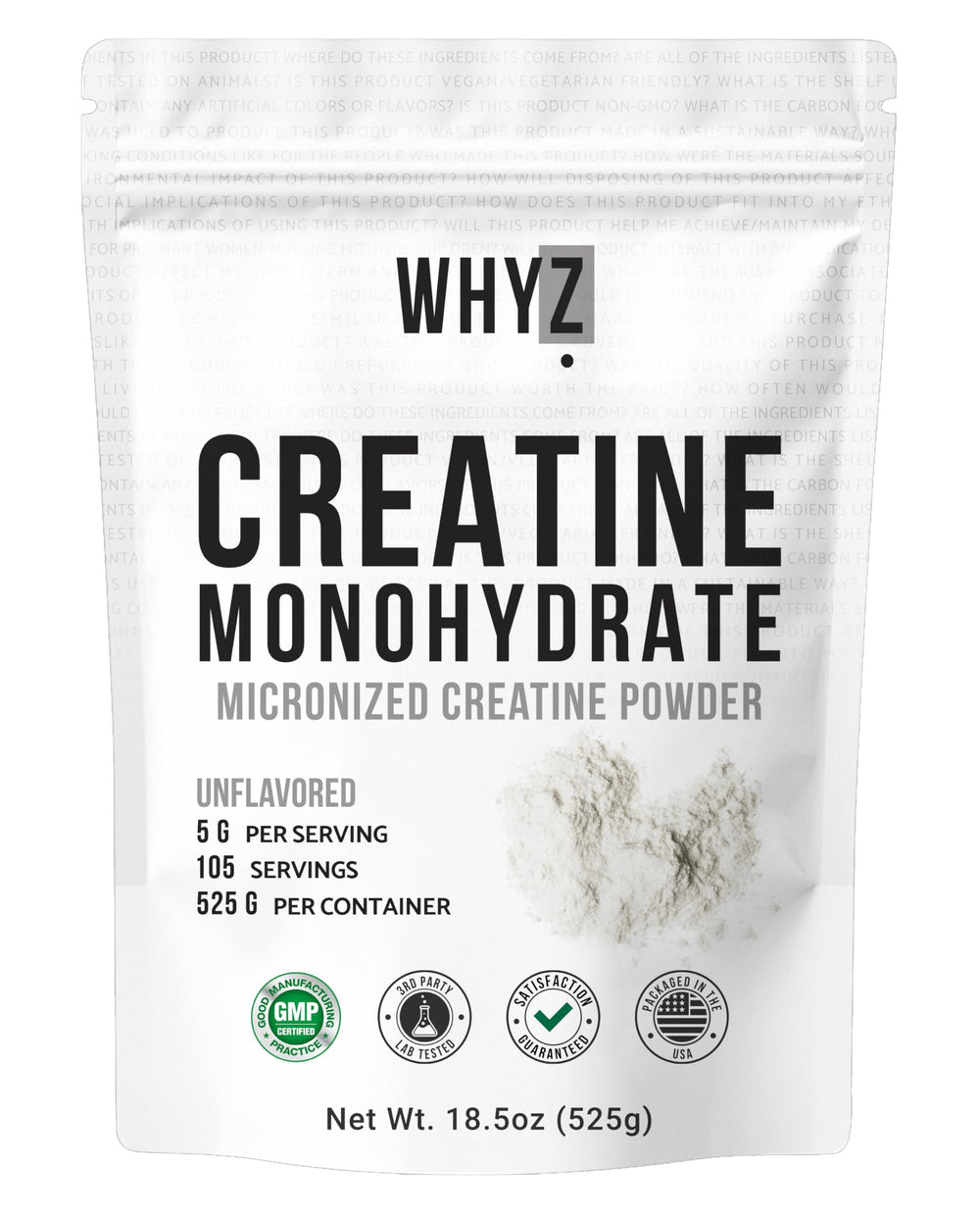 WHYZ Creatine Monohydrate powder jar with micronized texture for smooth mixing.