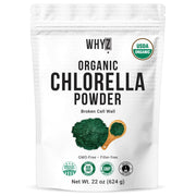 WHYZ Organic Chlorella Powder bottle highlighting plant protein and chlorophyll.