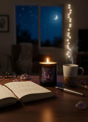Wick & Whisper Astranova candle silhouette on table for a reflective ritual.