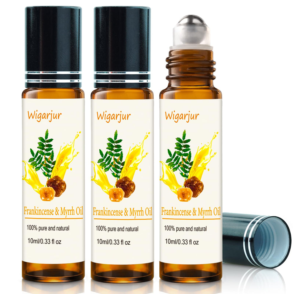 Wigarjur frankincense roll-on bottle highlighting rich aroma for calming moments.