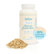 WIISH Baby Oatmeal Bubble Bath label highlighting gentle cleansing for sensitive skin.