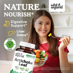 Wild & Organic artichoke extract capsules 500mg label close-up for vegan, non-GMO formula.