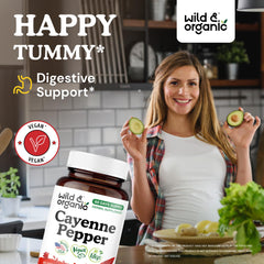 Wild & Organic Cayenne Capsules bottle back, vegan, non-GMO ingredients for daily wellness