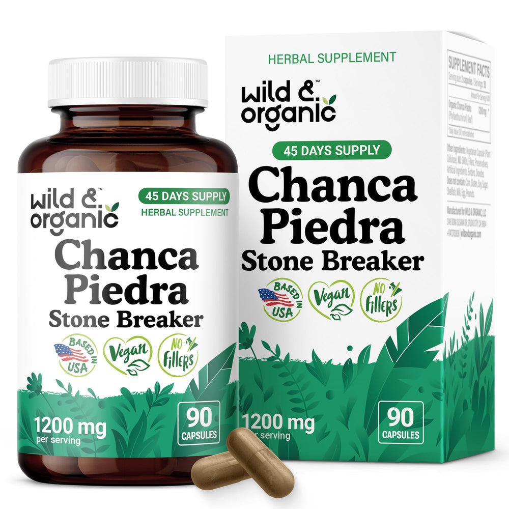 Wild & Organic Chanca Piedra bottle—90 vegan capsules for daily herbal support.