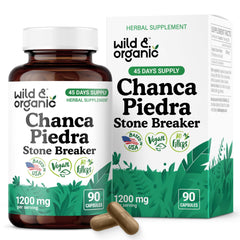 Wild & Organic Chanca Piedra bottle—90 vegan capsules for daily herbal support.