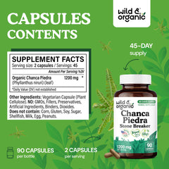 Close-up of Wild & Organic Chanca Piedra capsules—vegan, non-GMO formula.