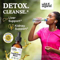 Wild & Organic Dandelion Root Supplement dropper dispensing close-up for easy dosing