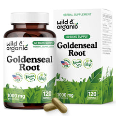 Wild & Organic Goldenseal Root capsules bottle front promotes immune and respiratory wellness