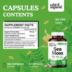 Wild and Organic label and ingredients detail Irish sea moss and bladderwrack blend.