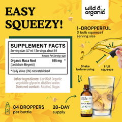 Wild & Organic Maca Root Drops label view emphasizes GMO-free ingredients