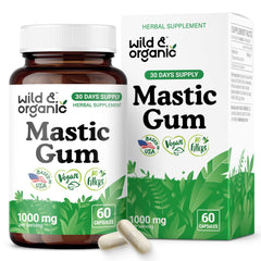 Wild and Organic mastic gum bottle with dosing for daily gut support.