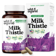Wild & Organic milk thistle capsules bottle showing 1000 mg per serving for daily support.