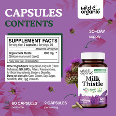 Wild & Organic milk thistle capsules non-GMO label signals clean, transparent ingredients.