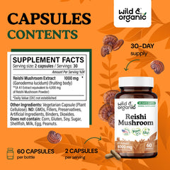 Wild and Organic Reishi capsules label close-up emphasizing vegan and non-GMO