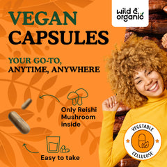 Wild and Organic Reishi capsules pouring into hand for easy intake