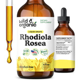 Wild & Organic Rhodiola Rosea tincture bottle for convenient daily mood support.