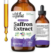 Wild & Organic saffron supplement bottle pour illustrates easy daily dosing for mood support.