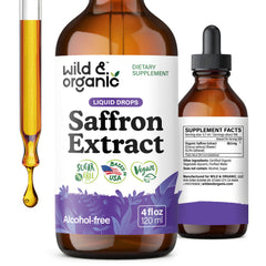 Wild & Organic saffron supplement bottle pour illustrates easy daily dosing for mood support.