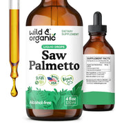 Wild & Organic Saw Palmetto tincture bottle front view for convenient daily dosing.