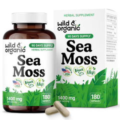 Wild and Organic Sea Moss Capsules bottle shown, convenient daily wellness support for vegan users.