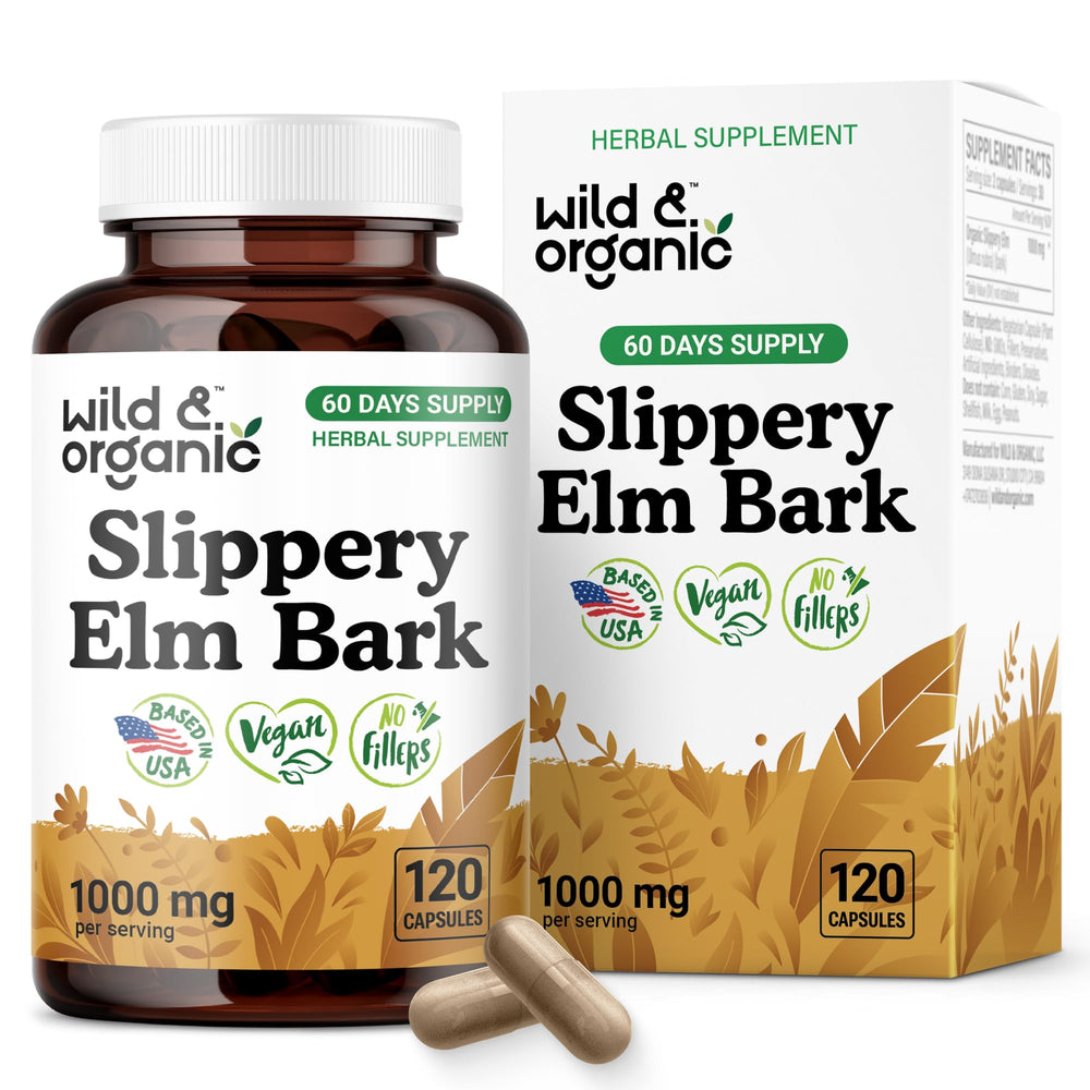 Wild & Organic slippery elm capsules bottle front showing 120-count packaging for daily use.