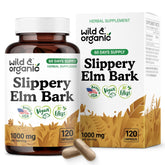 Wild & Organic slippery elm capsules bottle front showing 120-count packaging for daily use.