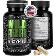 Wild Foods prebiotics and probiotics bottle showing digestive enzymes for daily gut support