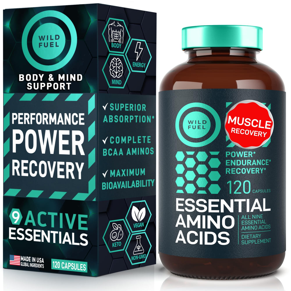 WILD FUEL essential amino acids bottle front promotes complete EAAs for everyday recovery.