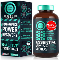 WILD FUEL essential amino acids bottle front promotes complete EAAs for everyday recovery.