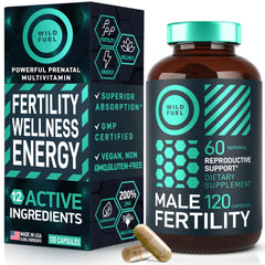 Wild Fuel Fertility mens prenatal bottle showing a complete vitamin blend for vitality