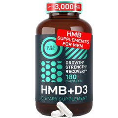 WILD FUEL HMB D3 bottle on a gym shelf signaling lean muscle support.