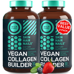 Wild Fuel Vegan Collagen Booster bottle on a clean surface, supporting skin, hair, and nails.