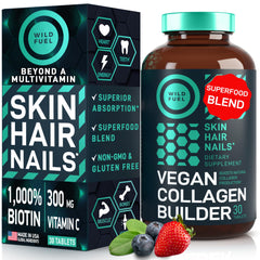 WILD FUEL Vegan Collagen Builder bottle shows packaging for daily plant-based wellness.