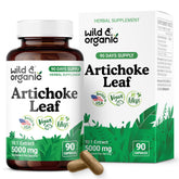 Wild & Organic artichoke extract capsules bottle front, supports liver health.