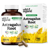 Wild & Organic astragalus capsules 1200 mg bottle front for immune support and vegan-friendly daily use.