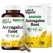 Wild & Organic astragalus capsules 1200 mg bottle front for immune support and vegan-friendly daily use.