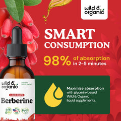 Wild & Organic Berberine Drops label close-up showcases vegan, alcohol-free formula.