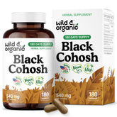 Wild & Organic Black Cohosh capsules bottle front showing vegan, non GMO menopause support option