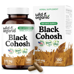 Wild & Organic Black Cohosh capsules bottle front showing vegan, non GMO menopause support option