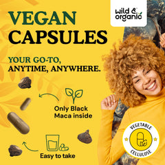 Wild & Organic Black Maca ingredients scene showcasing plant-based coating and natural ingredients