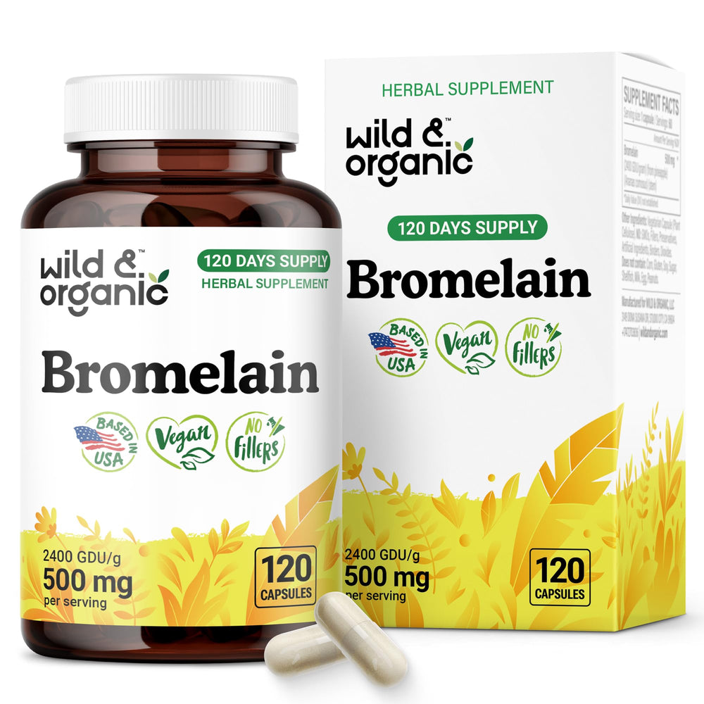 Wild & Organic bromelain bottle with 500 mg capsules for digestion support.