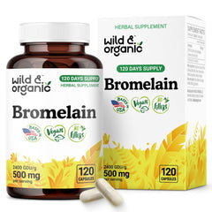 Wild & Organic bromelain bottle with 500 mg capsules for digestion support.